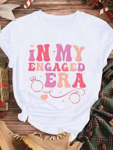Elegante y casual para mujer, manga corta, camiseta de compromiso con estampado "Wedding In My Engaged Era", ropa casual para primavera y verano. - Blanco - Ver 3