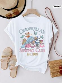 Women's 100% Cotton Short Sleeve Casual T-Shirt With Round Neck And White Line Art Design Of A Classic Villain Character With Text Describing A Journey. Spring/Summer Fashion - 白色 - 查看 1