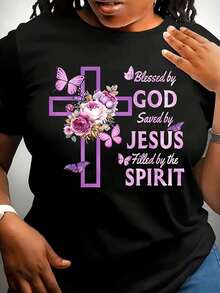 Casual Crew Neck T-Shirt With Letter Print, Featuring 'God Bless' And Other Designs, Loose Fit And Plus Size. Women's Cotton T-Shirts, Black Blouses For Ladies. - 黑色 - 查看 7