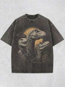 Camiseta Estampada de Fiesta de Carnaval de Dinosaurios, 230g, Algodón Batik de Alta Calidad, Camiseta de Marca de Moda Retro de Alta Calidad para Hombre, Camiseta Casual de Cuello Redondo Holgada de Talla Grande para Hombre, Unisex, Regalo Japonés, Regalo Perfecto. - Negro - Ver 1