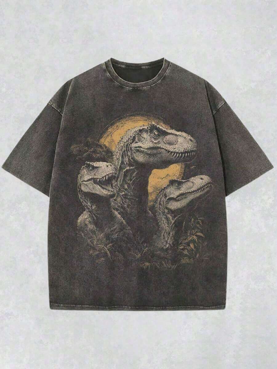 Camiseta Estampada de Fiesta de Carnaval de Dinosaurios, 230g, Algodón Batik de Alta Calidad, Camiseta de Marca de Moda Retro de Alta Calidad para Hombre, Camiseta Casual de Cuello Redondo Holgada de Talla Grande para Hombre, Unisex, Regalo Japonés, Regalo Perfecto. - Negro - Ver 1
