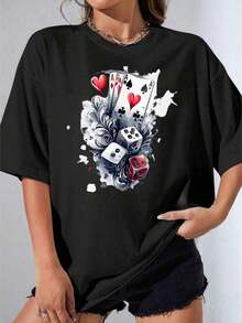 Black And White T-Shirt For Girls, Plus Size Casual T-Shirt With Poker Card And White Dice Print For Daily Wear And Leisure Activities, Outdoor Parties, 180g Printed Casual T-Shirt - 黑色 - 查看 7