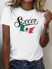 Camiseta de Mujer con Diseño de Fútbol y Bandera de México, Cómoda y Bien Ajustada. Tops para Mujer - Blanco - Ver 6