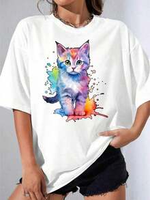 Camiseta Negra y Blanca para Niña, Camiseta Oversize con Estampado de Gato Colorido en Acuarela para Uso Casual, Fiesta al Aire Libre, Camiseta Estampada Casual 180g - Blanco - Ver 7