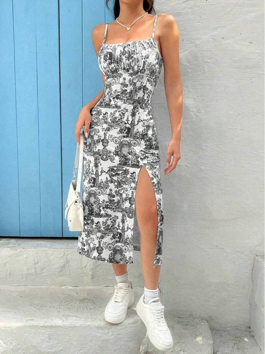 Otoño 2025 Vestido largo Sin tirantes Envoltura en el pecho Abertura alta Estampado de leopardo y margaritas Falda envolvente Vestido largo - Gris - Ver 1