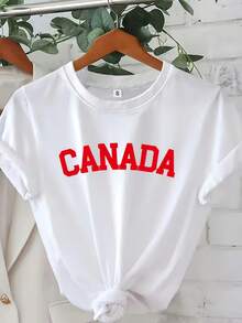 Diseño Sencillo[Camiseta de Manga Corta con Cuello Redondo]Diseño Gráfico Vibrante con la Palabra "Canadá" para el Día Nacional de Canadá-Perfecta para Entusiastas de la Estética Patriótica. Camiseta de manga corta con cuello redondo para mujer, con estampado gráfico artístico-una prenda casual y elegante, lavable a máquina para comodidad en todas las estaciones, cómoda para el uso diario, diseño elegante, tela duradera, ropa cómoda, material suave, camiseta estampada, ideal para quienes buscan comodidad. Elegante y Práctica para el Verano. - Blanco - Ver 12