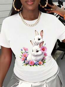 Camiseta de manga corta para mujer, camiseta con estampado floral de conejo blanco, diseño de animales lindos, top casual de manga corta, camisa de moda para primavera y verano. - Blanco - Ver 2