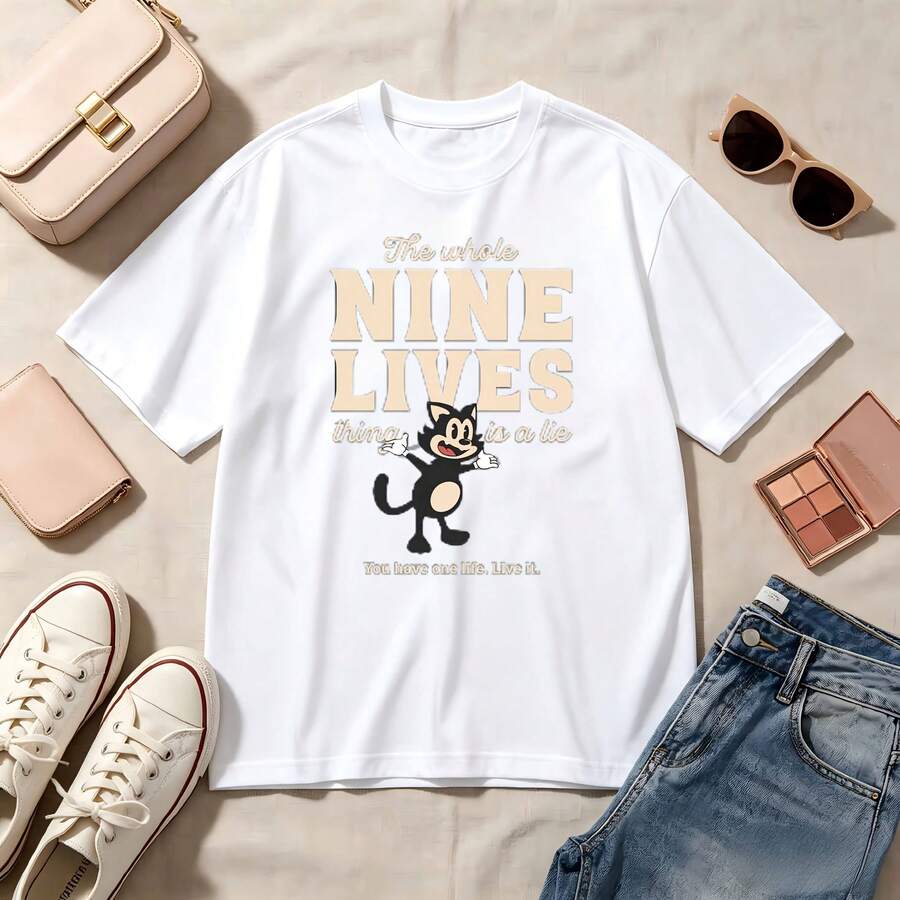 Retro Cat Lovers, Nine Lives Graphic, 100% Cotton Oversized Soft Breathable Casual Crewneck Short Sleeve Top, Streetwear Summer Vibes Kawaii Aesthetic - Blanco - Ver 1