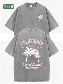 230g Heavyweight Washed Vintage T-Shirt For Women - Loose Fit Round Neck Short Sleeve, California Beach Surf And Palm Tree Print, Light Pink And White Casual Summer Wear, Machine Washable Vintage Surf Style Top Suitable For Spring/Summer Outfits - Unisex, Comfortable Cotton, Vintage Heavyweight Washed Loose T-Shirt(Retro Style, Heavyweight, Unisex) - 灰色 - 查看 7