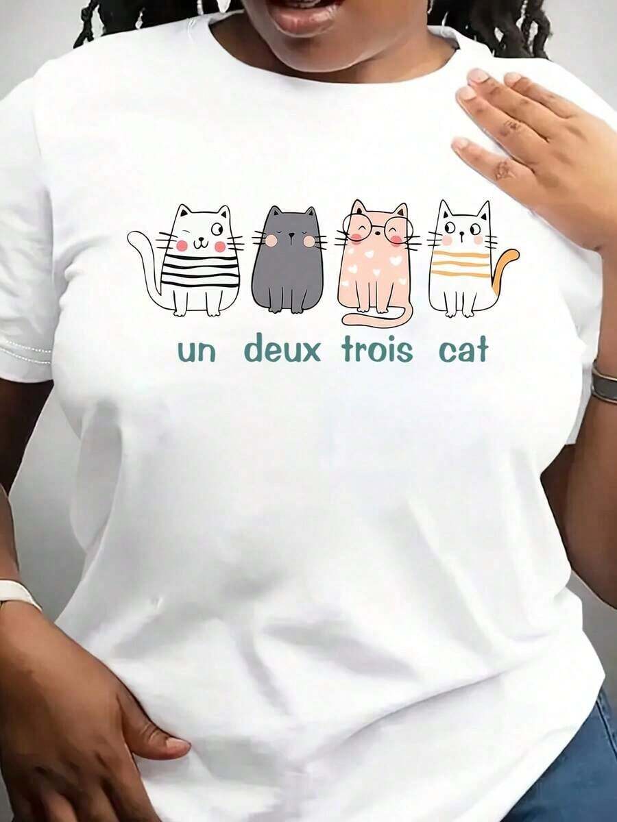 Women's Summer T-Shirt With Cartoon Cat Print And Lettering, Round Neck Design. - White - View 1