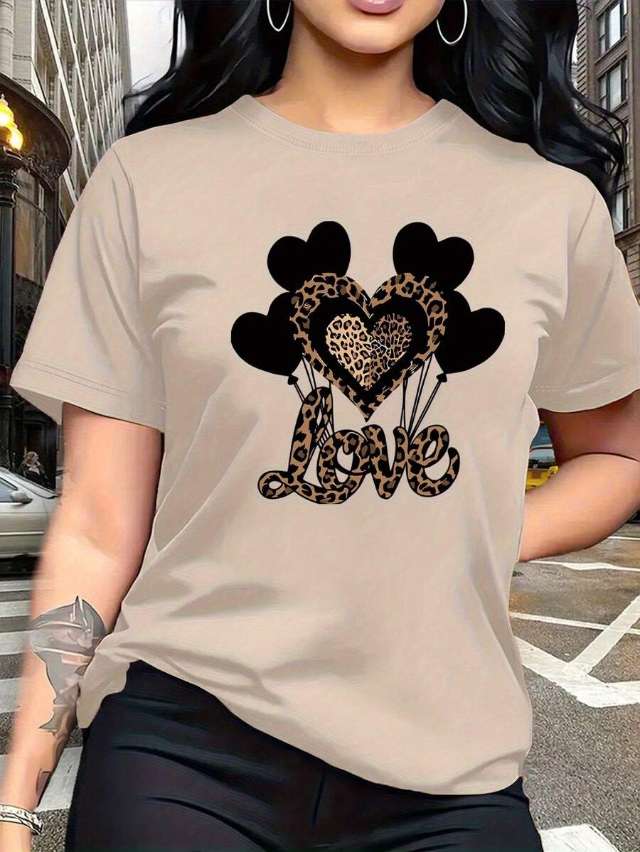 Combinación de salvajismo y ternura, estampado de patrón de globo en forma de corazón negro con estampado de leopardo, moda y , camiseta de mujer de manga corta casual de cuello redondo simple, adecuada para actividades como ocio, turismo y vacaciones 13419- Uso diario, fácil de lavar y mantener - Albaricoque - Ver 1