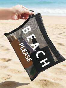 多色時尚網格海灘包，印有「Beach」字樣的化妝包，海灘主題。大容量透明化妝包，尼龍拉鍊盥洗包，輕巧，可存放防曬霜、零食、比基尼和海灘必需品。春/夏儲物，耐用，非常適合游泳、海灘、潛水和夏季度假、返校，輕巧防曬儲物袋，適合朋友、母親節、返校季節 - 彩色 - 查看 12