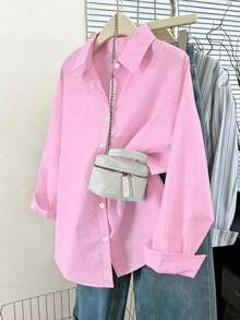 Camisa casual/de trabajo de manga larga, de un solo pecho y de unicolor para mujer de talla grande - Rosa 2 - Ver 1