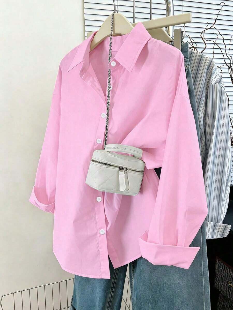 Camisa casual/de trabajo de manga larga, de un solo pecho y de unicolor para mujer de talla grande - Rosa 2 - Ver 1