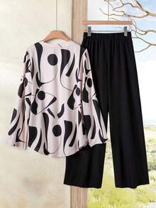 Set de 2 piezas de camisa y pantalones con estampado de color contrastante para mujeres - Multicolor 2 - Ver 2