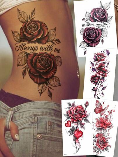 4pcs Large Half Sleeve Red Rose, Black Rose Butterfly Temporary Tattoo Stickers, Suitable For Travel, Fitness, Daily Wear, Street, Party, Crazy Makeup, One-Time Fake Tattoo For Body, Leg, Arm, Abdomen, Shoulder
