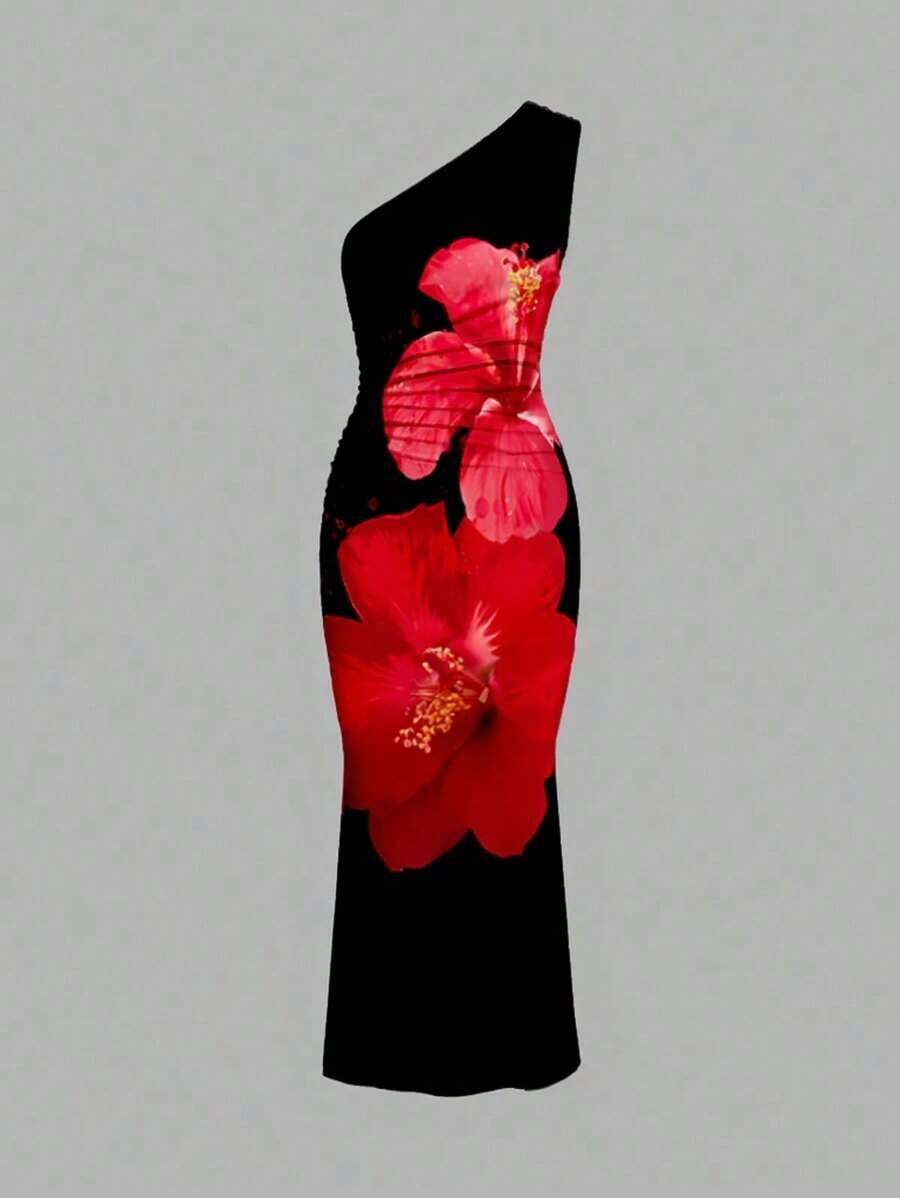 Vestido largo de tipo cola de pez minimalista con hombro asimétrico en color liso, arrugado, para uso diario casual - Multicolor - Ver 1
