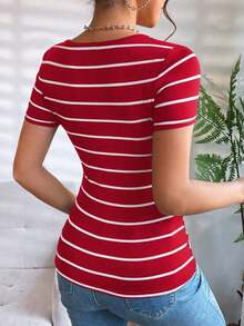 Camiseta de rayas de cuello scoop - Rojo - Ver 2