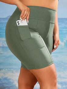 Swim Bottom de bikini de cintura ancha con bolsillo para teléfono - Verde - Ver 5