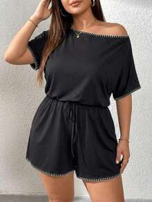 Mono de talla grande para mujer, ropa de verano, shorts, hombros descubiertos y graciosos, conjunto de verano para mujer, atuendo de rave de festival, conjunto de verano para vacaciones de mujer, mono casual de mujer - Negro 3 - Ver 5