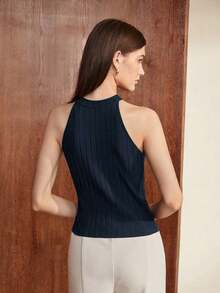 Nuevo diseño de verano/primavera para mujer, top de punto acanalado con cuello plisado sin mangas, elegante y chic para uso urbano y diario, romántico estilo retro de los 90, versátil y minimalista, adecuado para invitados de boda, anfitriones, ci - Azul marino - Ver 2