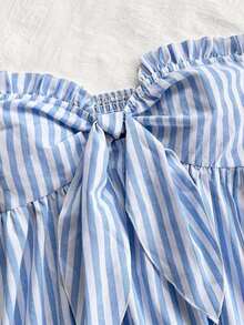 Set de 2 piezas para mujer con parte superior corta sin mangas con volantes y estampado de rayas y flores, y shorts casuales para verano, vacaciones en la playa y fiestas - Azul y blanco - Ver 4
