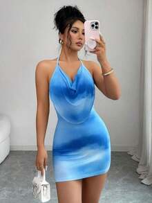 Vestido corto con cuello anudado, efecto drapeado en malla y estampado floral efecto tie-dye - Azul - Ver 5