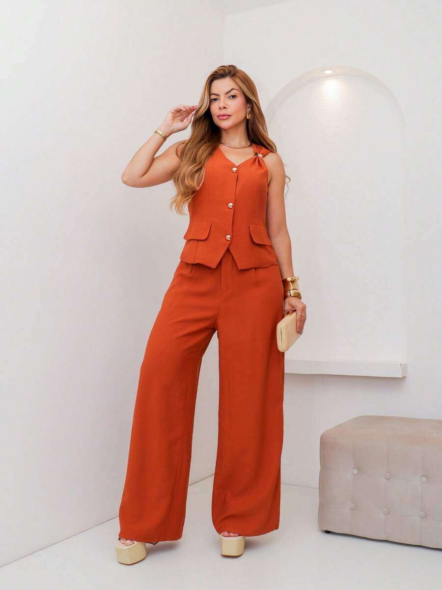 Women's Tailored Suit With Vest And Wide-Leg Trousers, Autumn/INC-1039 - Màu Cam cháy - Xem 1