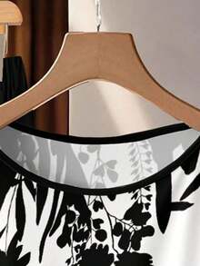 2 piezas Conjunto de camisa beige elegante y casual minimalista con estampado de silueta botánica en blanco y negro y pantalones sueltos negros.Perfecto para primavera y verano, vacaciones, estilo campestre, día, jardín y caminatas. - Multicolor - Ver 4