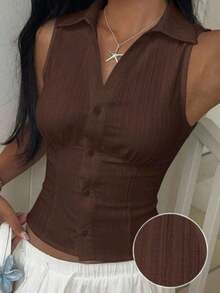Camisa sin mangas tejida de color marrón chocolate para mujer - Marrón Chocolate - Ver 7