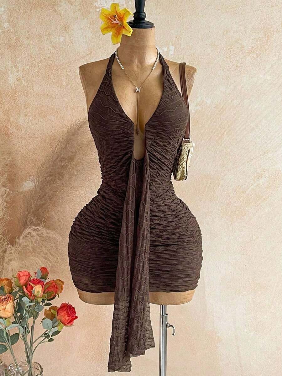 Vestido mini con estampado floral, diseño de lazo y escote halter, para vacaciones - Marrón - Ver 1