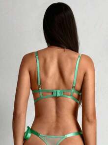 Set de 2 piezas de lencería compuesto por sujetador y pantie con bordado floral y tela de malla para mujeres - Verde - Ver 2