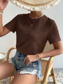 Camiseta casual de manga corta y cuello redondo llana para mujeres, verano - Café integral - Ver 4