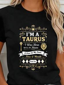 Women's Round Neck T-Shirt With Vintage Zodiac Design, Loose Fit, Made Of Pure Cotton, Modern And Versatile, With A Soft And Comfortable Fabric, Suitable For Everyday Wear And As A Holiday Gift, With An Astrological Theme Of Taurus, Eye-Catching Text And Decorative Details, Perfect For Spring And Summer. - 黑色 - 查看 1