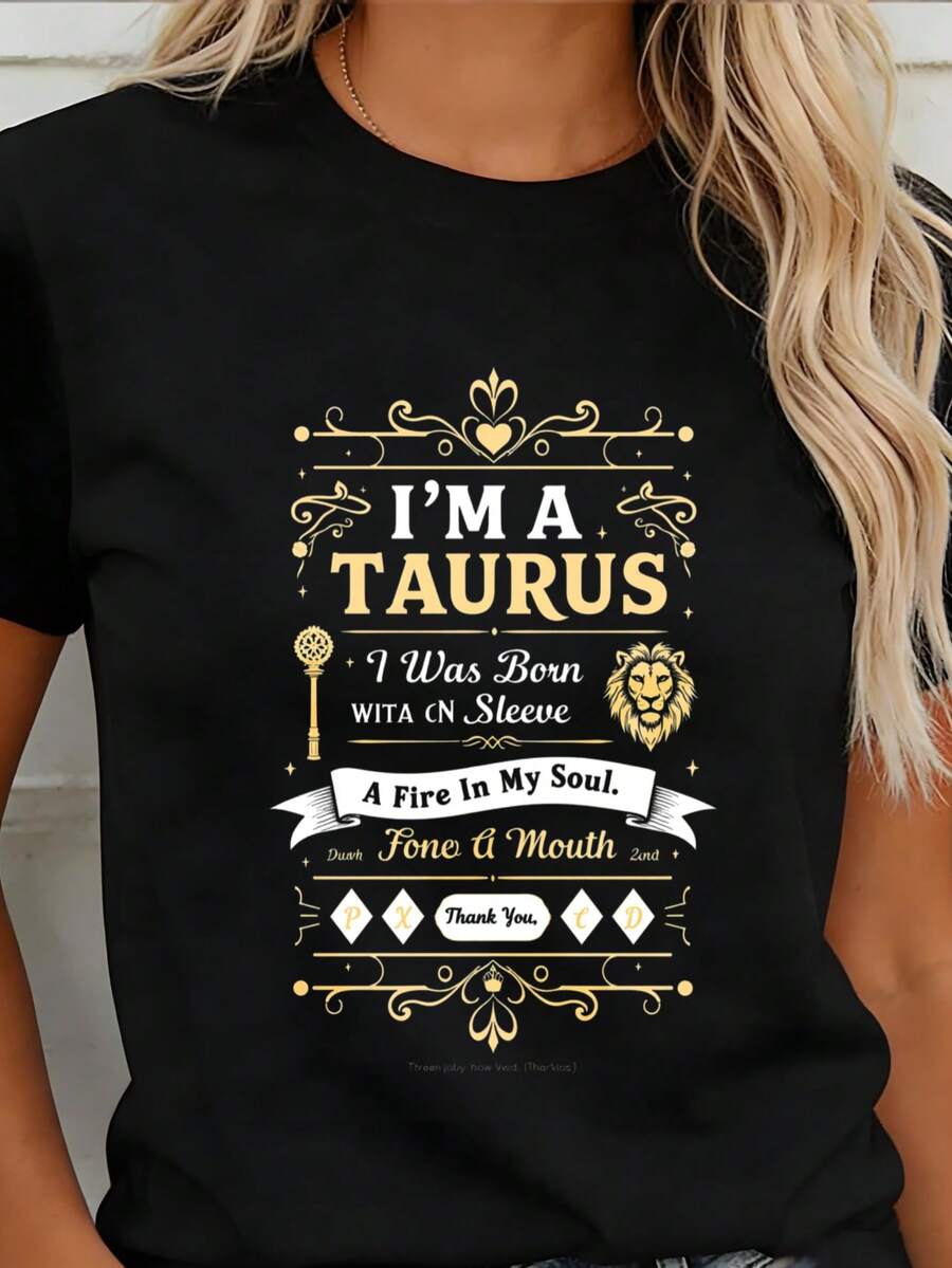 Women's Round Neck T-Shirt With Vintage Zodiac Design, Loose Fit, Made Of Pure Cotton, Modern And Versatile, With A Soft And Comfortable Fabric, Suitable For Everyday Wear And As A Holiday Gift, With An Astrological Theme Of Taurus, Eye-Catching Text And Decorative Details, Perfect For Spring And Summer. - 黑色 - 查看 1