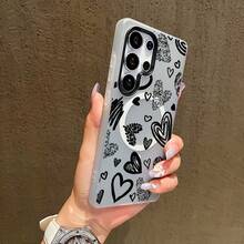 Funda para teléfono: Funda adecuada para Samsung Galaxy S23 S23plus S24  S24Ultra S25 S25Plus S25Ultra S26 S26Ultra S26Plus, a prueba de golpes, con tacto suave, multicolor, con absorción magnética, regalo para la familia, diseño sencillo en blanco y negro con patrón de corazón. - Rosa - Ver 6