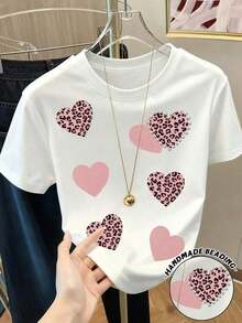 Camiseta de manga corta con estampado de leopardo y decoración de corazón para mujer - Blanco - Ver 7