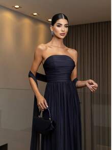 Long Dress With Cape For Wedding, Evening, Or Graduation. - Navy Blue - View 3