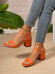 Gentle Style Solid Color Strap Thick Heel Sandals, Square Toe Buckle Closure Summer Casual Women Shoes,Chunky Heels - Orange - View 2