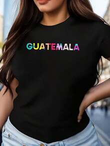 Camia de mujer, bandera de Guatemala, colores nacionales guatemaltecos con letras en español e impresión de mapa, camia de manga corta con cuello redondo suave, diseño de bandera guatemalteca multicolor (letras similares al emblema de Guatemala), ropa casual para todas las estaciones y orgullo nacional Ideal para regalar. Camiseta de mujer. Elegante. Estilo bohemio. Prenda suave, transpirable y cómoda, perfecta para primavera, verano y otoño; ideal para vacaciones, viajes y uso diario. Perfecta para ver un partido. - Negro - Ver 1