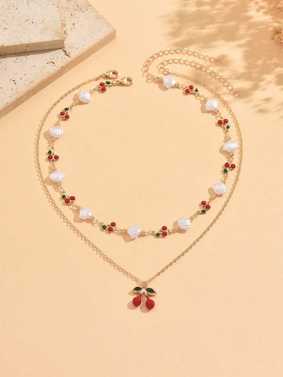 2pcs Sweet Double-Layer Necklace Set, Fashion Cherry Shell Decor Choker Necklace, Suitable For Daily Wear, Summer Holiday, Date, Party, Music Festival - Multicolor - View 1