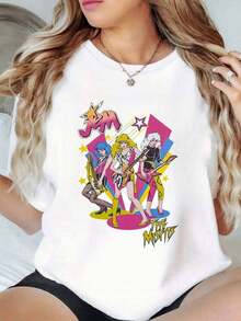 1pcs Women's 80s Retro Rock Band Girl Graphic Print T Shirt Summer Casual 100% Cotton Round Neck Tee Top Casual Blouses For Lady - 白色 - 查看 7