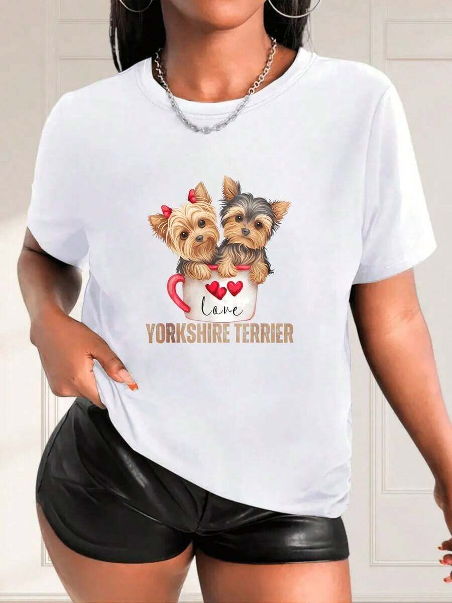 LooseCamiseta para Mujer con Diseño de Yorkshire Terrier Amor en Taza Estilo Divertido y Tierno para Amantes de Perros Casual VeranoBasic Crew Neck Cotton T-shirt for Women - Blanco - Ver 1
