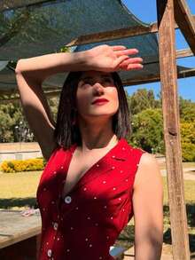Vestido camisa corto sin mangas elegante para mujer, de tela tejida con detalles de botones, para boda, fiesta y primavera - Rojo - Ver 6