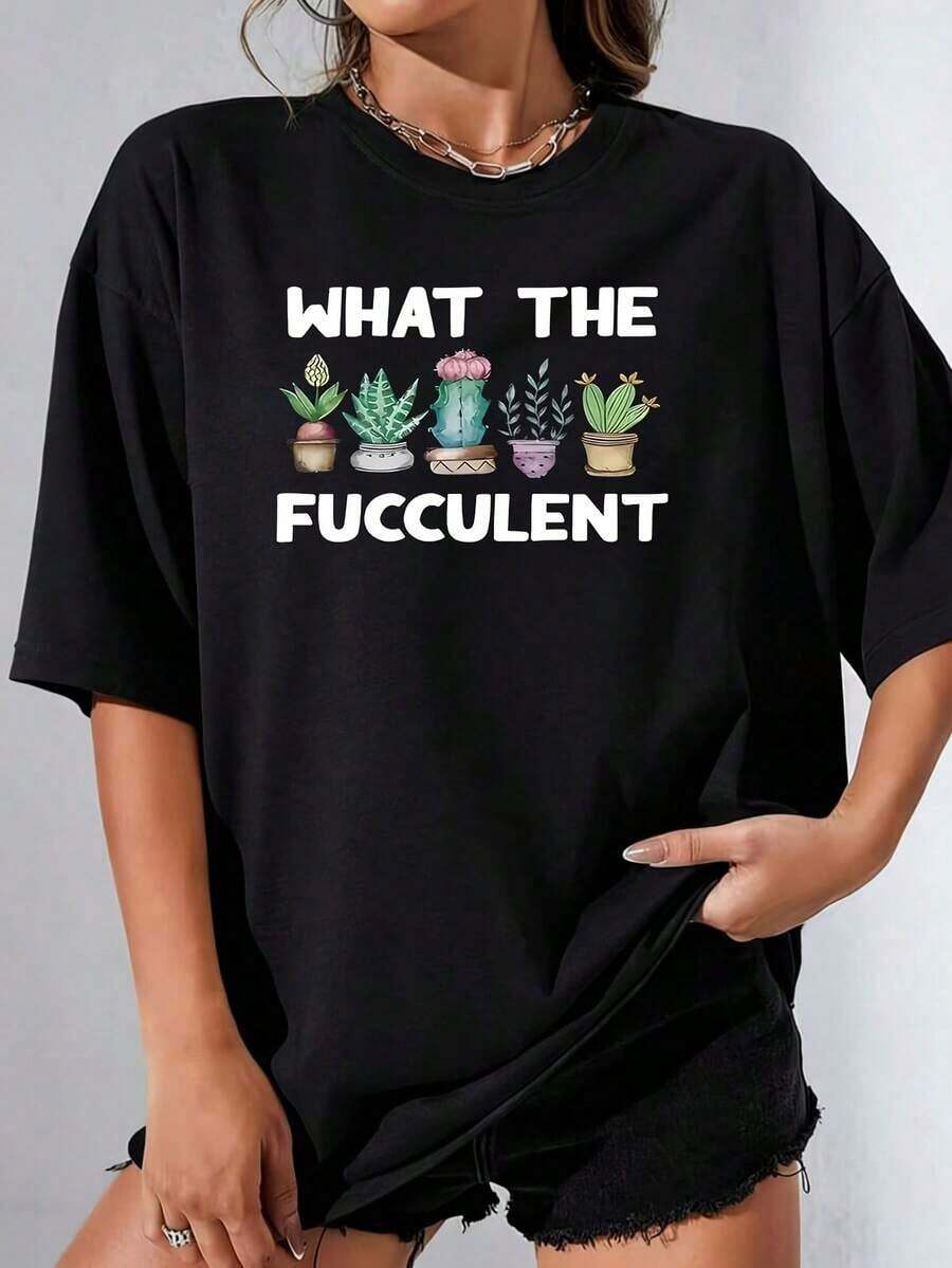 conjuntos de mujer Camiseta de mujer de talla grande 100% poliéster con estampado gráfico de cactus, informal, divertida, de manga corta, 1 pieza, cuello redondo, novedosa, playeras de mujer - Negro - Ver 1