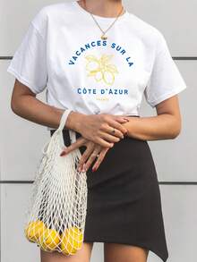 1 camiseta estética de la Riviera Francesa, camiseta de estilo francés con estampado de letras, top casual de manga corta y cuello redondo para verano y primavera, ropa de mujer 180g 100% algodón. - Blanco - Ver 6