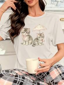 1 Piece (Only One Top Sold) - Women's Short-Sleeved Loungewear - Printed With Three Cartoon Cats - Soft, High-Quality, And Skin-Friendly Fabric - Stylish And Elegant Design - Suitable For Wearing At Home Or Outdoors - Machine Washable - Local Shipping 180g 100% Cotton - 白色 - 查看 5