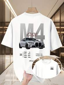 Men's Casual Summer T-Shirt, New Collection, Round Neck, Short Sleeve, Knit Fabric, Cool And Comfortable, Double-Sided "M10.16cm" Print On Front And Back, Ideal For Outdoor Activities, Printed Summer T-Shirt For Men - [白色的] - 查看 1