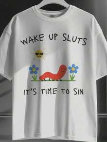 Camiseta estampada de verano con el divertido diseño de meme animal "Wake Up Sluts Its Time To Sin". Tejido transpirable y duradero con tecnología de punto. Suave y fácil de limpiar. Cómoda de llevar. Perfecta para adultos. Ofrece una personalidad traviesa. Conjunto para concierto country 2026. - Blanco - Ver 2