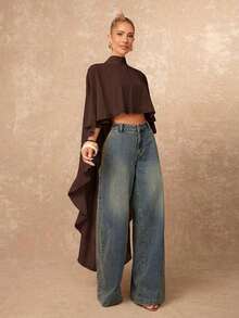 Nueva llegada Blusa elegante de mujer de alta gama con cuello suelto, bajo asimétrico con volantes, parte delantera corta y parte trasera larga - Marrón - Ver 6